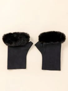 Fluffy Trim Fingerless Gloves - Black - View 3