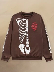 ROMWE MEN Hombres Sudadera estampado de esqueleto - Marrón Chocolate - Ver 1