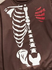 ROMWE MEN Hombres Sudadera estampado de esqueleto - Marrón Chocolate - Ver 3