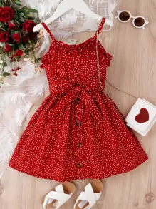SHEIN Young Girl Polka Dot Frill Trim Belted Cami Dress - Red - View 1