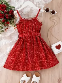 SHEIN Young Girl Polka Dot Frill Trim Belted Cami Dress - Red - View 2