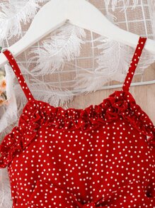 SHEIN Young Girl Polka Dot Frill Trim Belted Cami Dress - Red - View 3