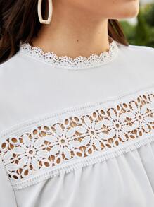 SHEIN Frenchy Plus Guipure Lace Insert Blouse - White - View 4