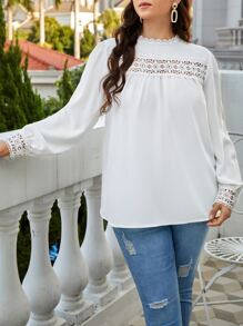 SHEIN Frenchy Plus Guipure Lace Insert Blouse - White - View 6
