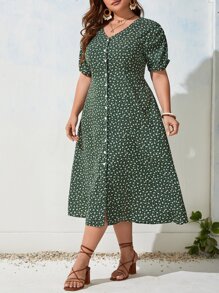 SHEIN VCAY 大碼小碎花前紐扣連衣裙不附腰帶