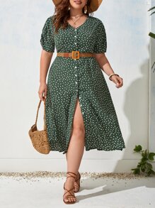 SHEIN VCAY 大碼小碎花前紐扣連衣裙不附腰帶