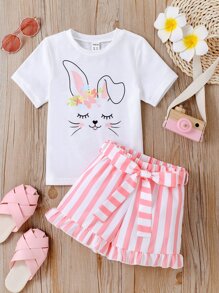 Toddler Girls Cartoon Graphic Tee & Striped Shorts - Multicolor - View 1