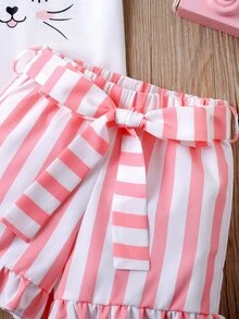 Toddler Girls Cartoon Graphic Tee & Striped Shorts - Multicolor - View 4