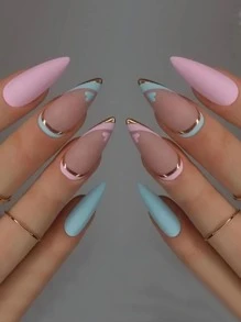 Instantly Upgrade Your Look with 24pcs Long Almond Pink Blue Matte Golden Heart Pattern Fake Nail & 1sheet Tape & 1pc Nail File - Multicolor - View 1