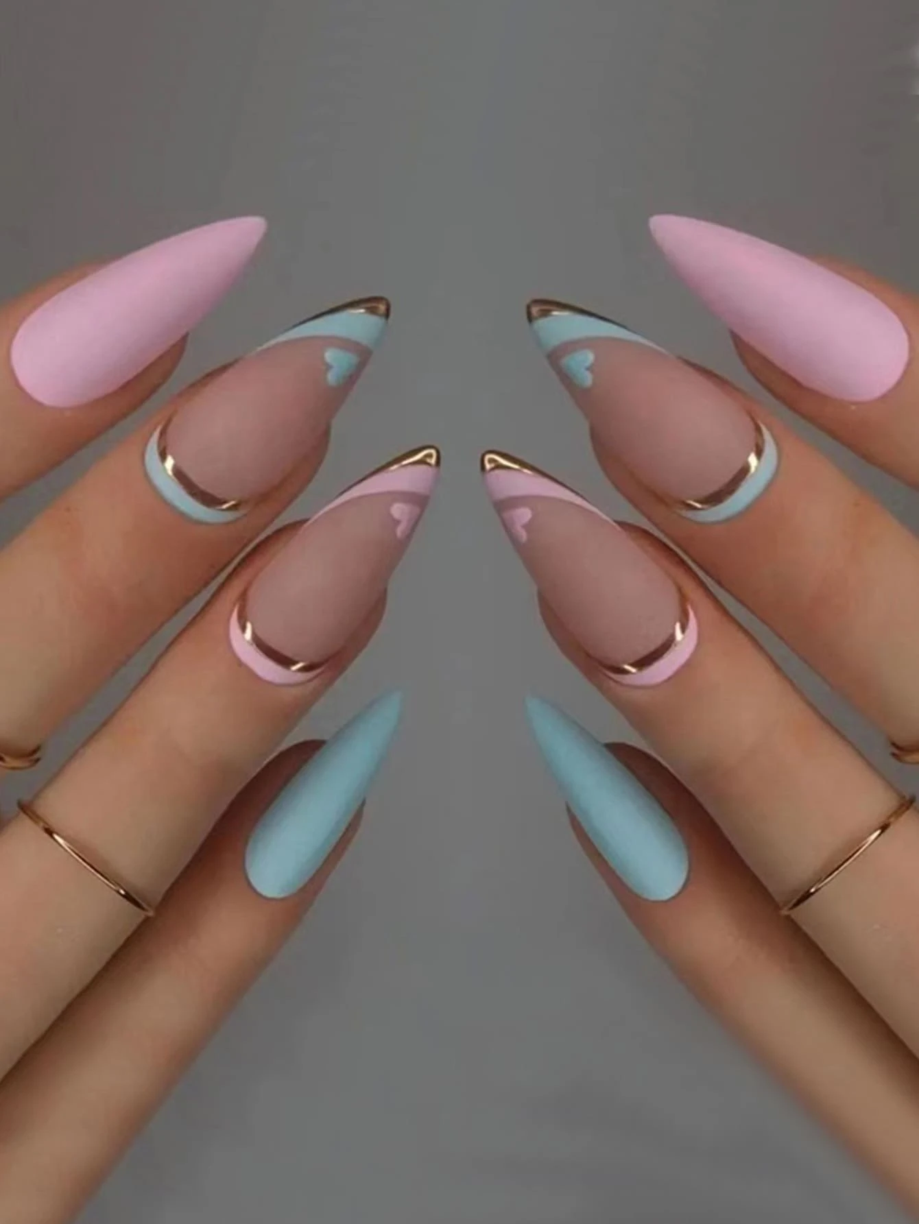 Instantly Upgrade Your Look with 24pcs Long Almond Pink Blue Matte Golden Heart Pattern Fake Nail & 1sheet Tape & 1pc Nail File - Multicolor - View 1