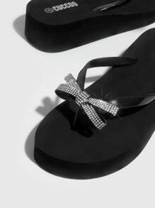 Grefit 女鞋鑽石和蝴蝶結裝飾夾腳拖,適用於春夏季節 - 黑色 - 查看 3