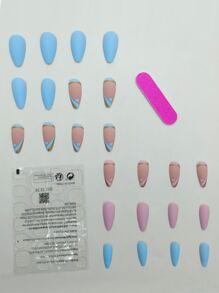 Instantly Upgrade Your Look with 24pcs Long Almond Pink Blue Matte Golden Heart Pattern Fake Nail & 1sheet Tape & 1pc Nail File - Multicolor - View 2