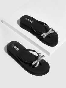 Grefit 女鞋鑽石和蝴蝶結裝飾夾腳拖,適用於春夏季節 - 黑色 - 查看 4