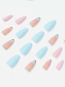 Instantly Upgrade Your Look with 24pcs Long Almond Pink Blue Matte Golden Heart Pattern Fake Nail & 1sheet Tape & 1pc Nail File - Multicolor - View 3