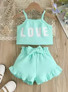 SHEIN 寶寶女孩字母圖形背心上衣和蕾絲邊蝴蝶結前短褲 - 薄荷綠 - 查看 1