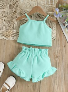 SHEIN 寶寶女孩字母圖形背心上衣和蕾絲邊蝴蝶結前短褲 - 薄荷綠 - 查看 2