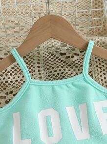 SHEIN 寶寶女孩字母圖形背心上衣和蕾絲邊蝴蝶結前短褲 - 薄荷綠 - 查看 4