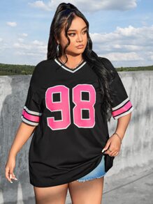 SHEIN EZwear Camiseta de béisbol de manga corta con hombros caídos, con rayas y estampado de número, para verano - Negro - Ver 5