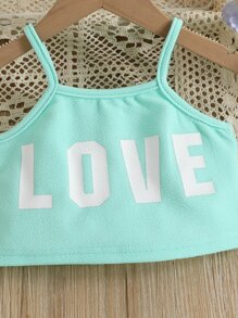 SHEIN 寶寶女孩字母圖形背心上衣和蕾絲邊蝴蝶結前短褲 - 薄荷綠 - 查看 7
