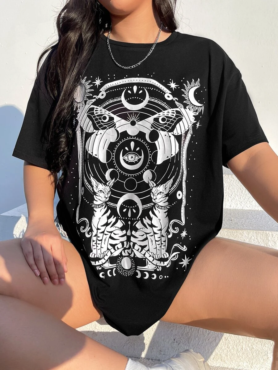 SHEIN EZwear Plus Western Moon Print Drop Shoulder Tee For Summer - Black - View 1