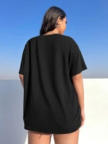SHEIN EZwear Plus Western Moon Print Drop Shoulder Tee For Summer - Black - View 2