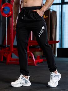 Hombres Pantalones deportivos con estampado de letra de cintura con cordón - Negro - Ver 1