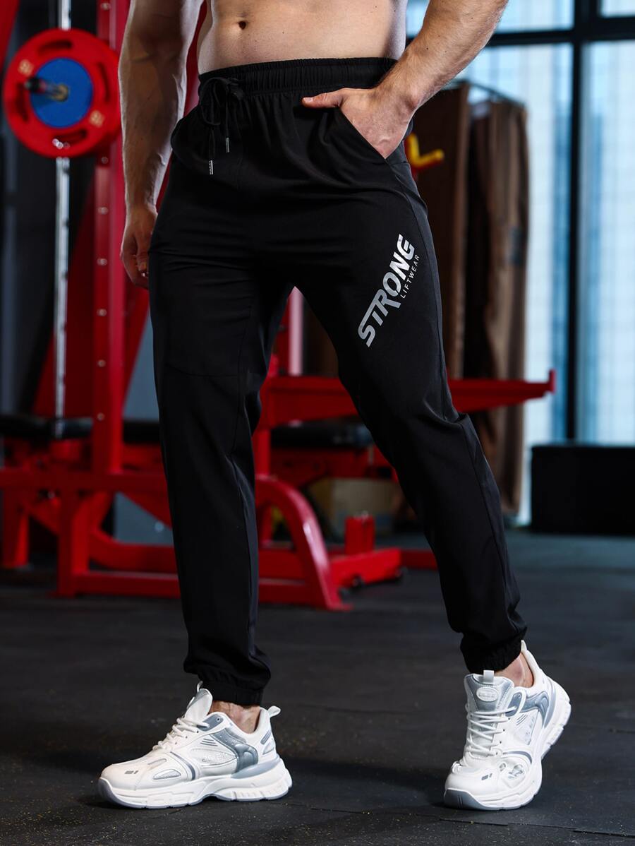 Hombres Pantalones deportivos con estampado de letra de cintura con cordón - Negro - Ver 1