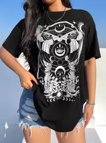 SHEIN EZwear Plus Western Moon Print Drop Shoulder Tee For Summer - Black - View 3