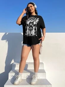 SHEIN EZwear Plus Western Moon Print Drop Shoulder Tee For Summer - Black - View 4