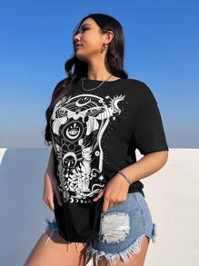 SHEIN EZwear Plus Western Moon Print Drop Shoulder Tee For Summer - Black - View 5