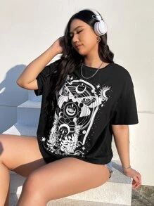 SHEIN EZwear Plus Western Moon Print Drop Shoulder Tee For Summer - Black - View 6