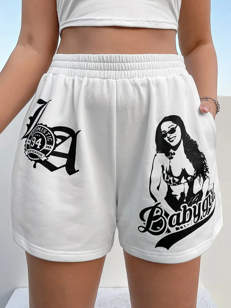 SHEIN EZwear 大碼字母人物圖案短褲 - 白色 - 查看 1