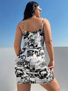 SHEIN EZwear 大碼字母人物圖案吊帶緊身連衣裙 - 黑與白 - 查看 2