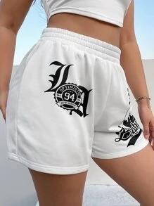 SHEIN EZwear 大碼字母人物圖案短褲 - 白色 - 查看 3