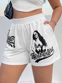 SHEIN EZwear 大碼字母人物圖案短褲 - 白色 - 查看 4