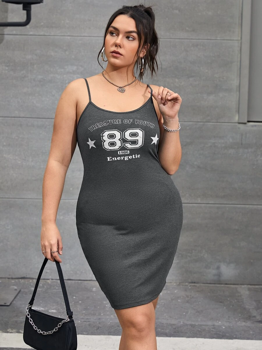 SHEIN EZwear Plus Geo & Letter Graphic Cami Dress - Dark Grey - View 1