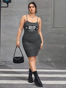 SHEIN EZwear Plus Geo & Letter Graphic Cami Dress - Dark Grey - View 3