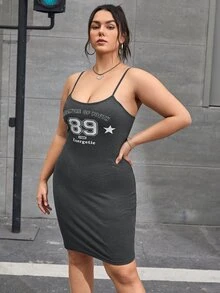 SHEIN EZwear Plus Geo & Letter Graphic Cami Dress - Dark Grey - View 4