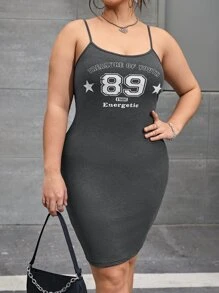 SHEIN EZwear Plus Geo & Letter Graphic Cami Dress - Dark Grey - View 6