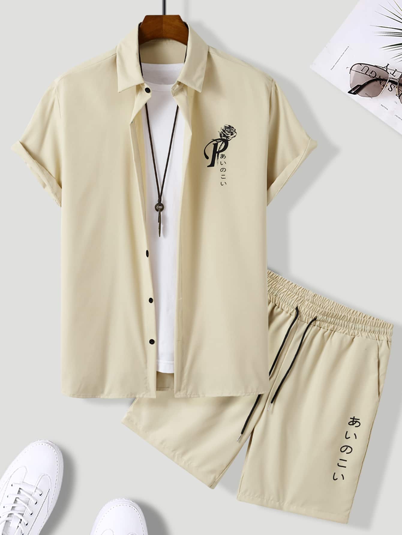 Manfinity Men Floral Print Shirt & Drawstring Waist Shorts Without Tee - Apricot - View 1