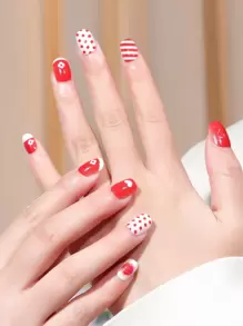 24pcs Kids Short Oval Heart Pattern Fake Nail & 1pc Nail File & 1sheet Tape - Multicolor - View 1