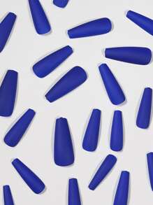 Elevate Your Style With 24pcs Long Coffin Klein Blue Solid Matte Fake Nail & 1pc Nail File & 1sheet Tape Press On Nails Nail Supplies - Blue - View 4