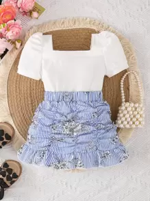 Niñas de manga farol Camiseta & con estampado floral fruncido bajo con fruncido Falda - Azul y blanco - Ver 1