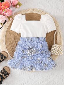 Niñas de manga farol Camiseta & con estampado floral fruncido bajo con fruncido Falda - Azul y blanco - Ver 2
