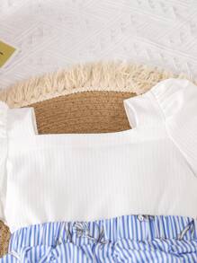 Niñas de manga farol Camiseta & con estampado floral fruncido bajo con fruncido Falda - Azul y blanco - Ver 3