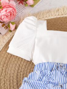 Niñas de manga farol Camiseta & con estampado floral fruncido bajo con fruncido Falda - Azul y blanco - Ver 4