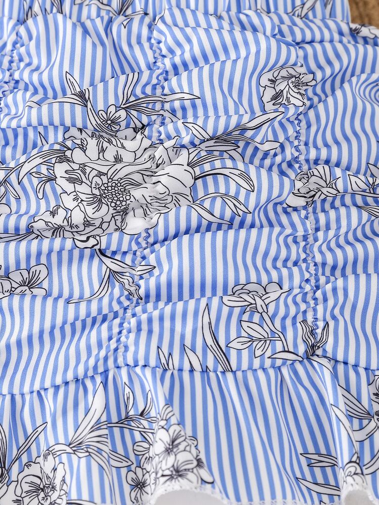 Toddler Girls Puff Sleeve Tee & Floral Print Ruched Ruffle Hem Skirt - Blue and White - View 6