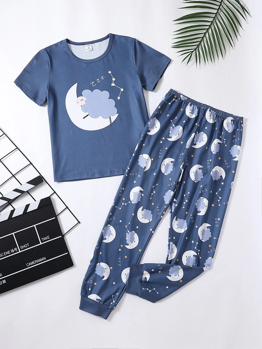 Boys Cartoon Moon And Sheep PJ Set - Navy Blue - View 1