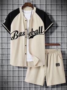 Aesthetic Post--Men Letter Graphic Shirt & Drawstring Waist Shorts Without Tee