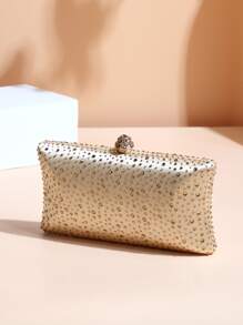 حقيبة شكل صندوق ميني بديكور حجر الراين سلسلة - الذهبي - مشاهدة 2